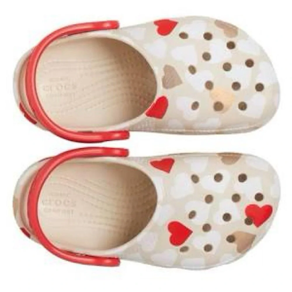 Crocs Classic Kids Clogs Heart Print Cream Red Gold Size C6
